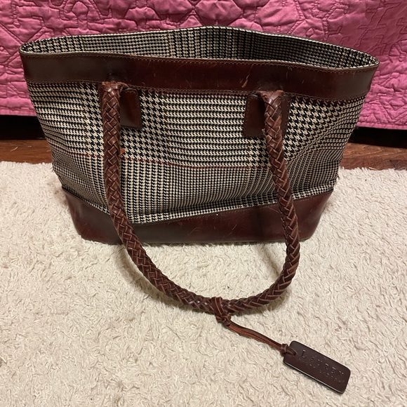 Ralph Lauren Handbags - Ralph Lauren Brown Leather & Black/White Houndstooth Shoulder Tote